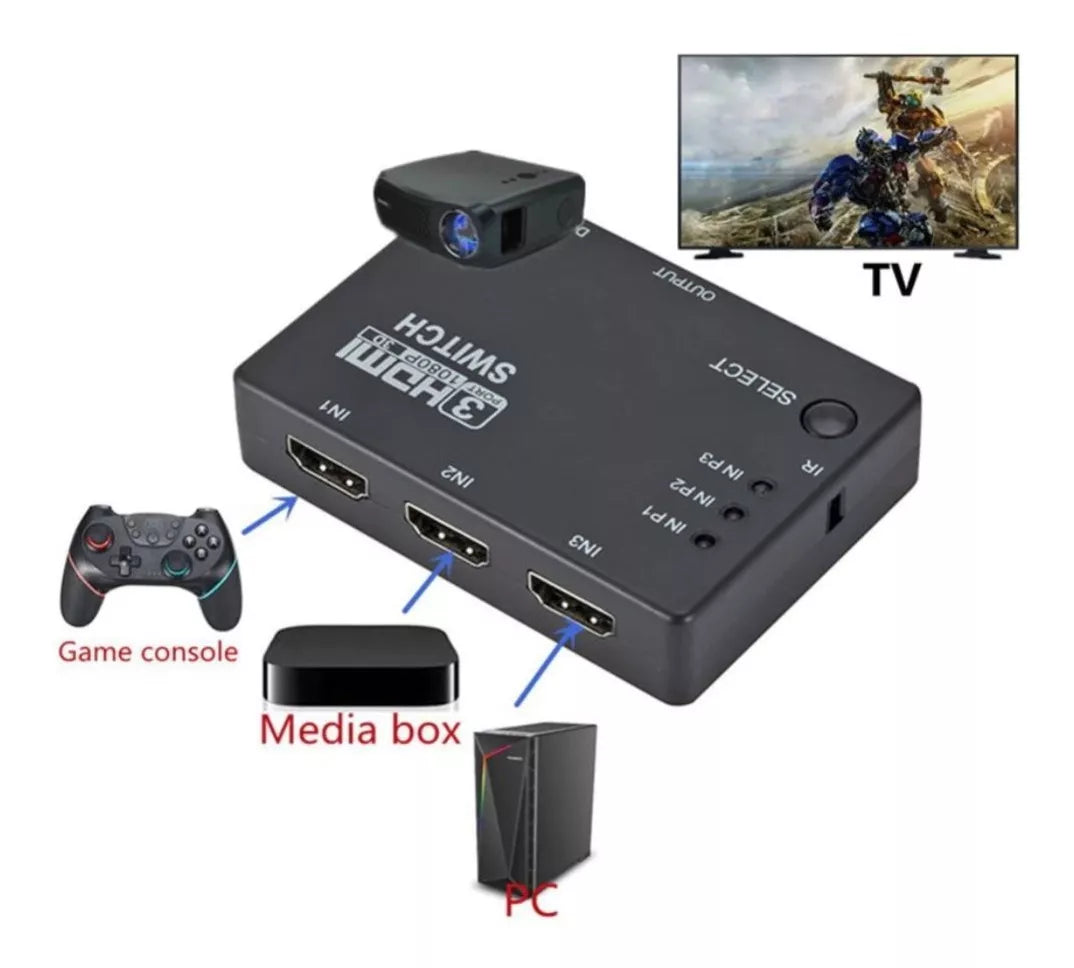 Switch Hdmi 3 Entradas 1 Salida 3x1 Full Hd Control Tv